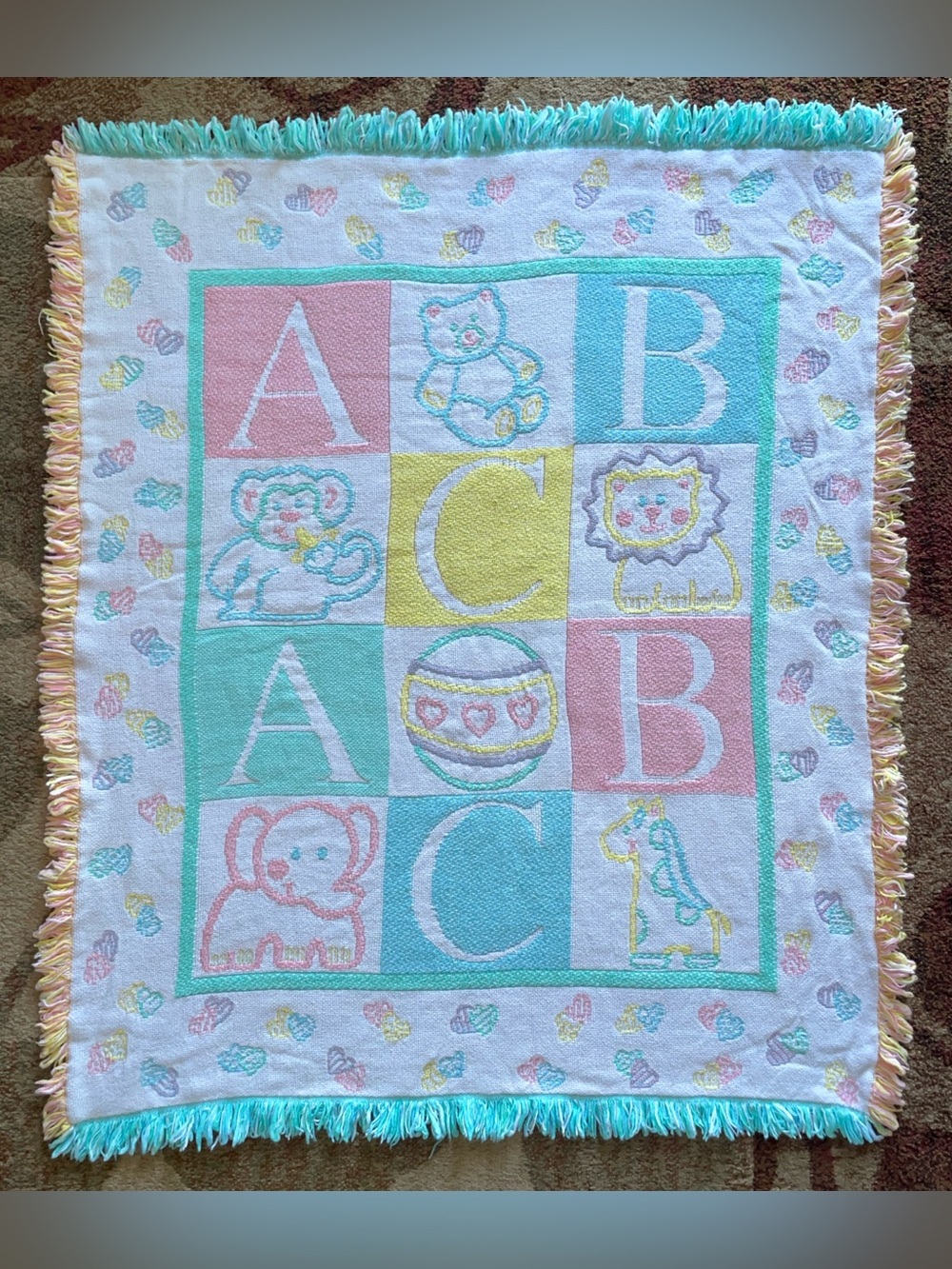 VTG Baby Blanket Tapestry ABC Pastel Nursery Monkey Bear Giraffe Elephant 40x32"